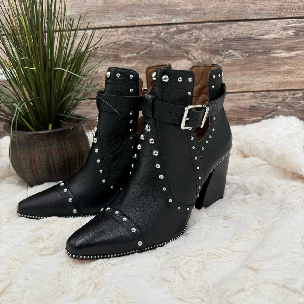 Antonio Melani Black Leather Block Heel Studded Ankle Boots with Buckle closure - Picture 5 of 16
